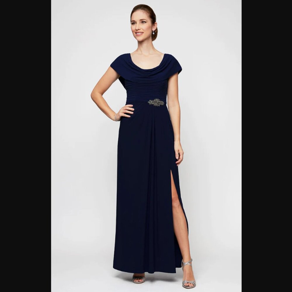NWT Alex Evenings Celeste A-Line Matte Jersey Dress in Navy Blue Size 14